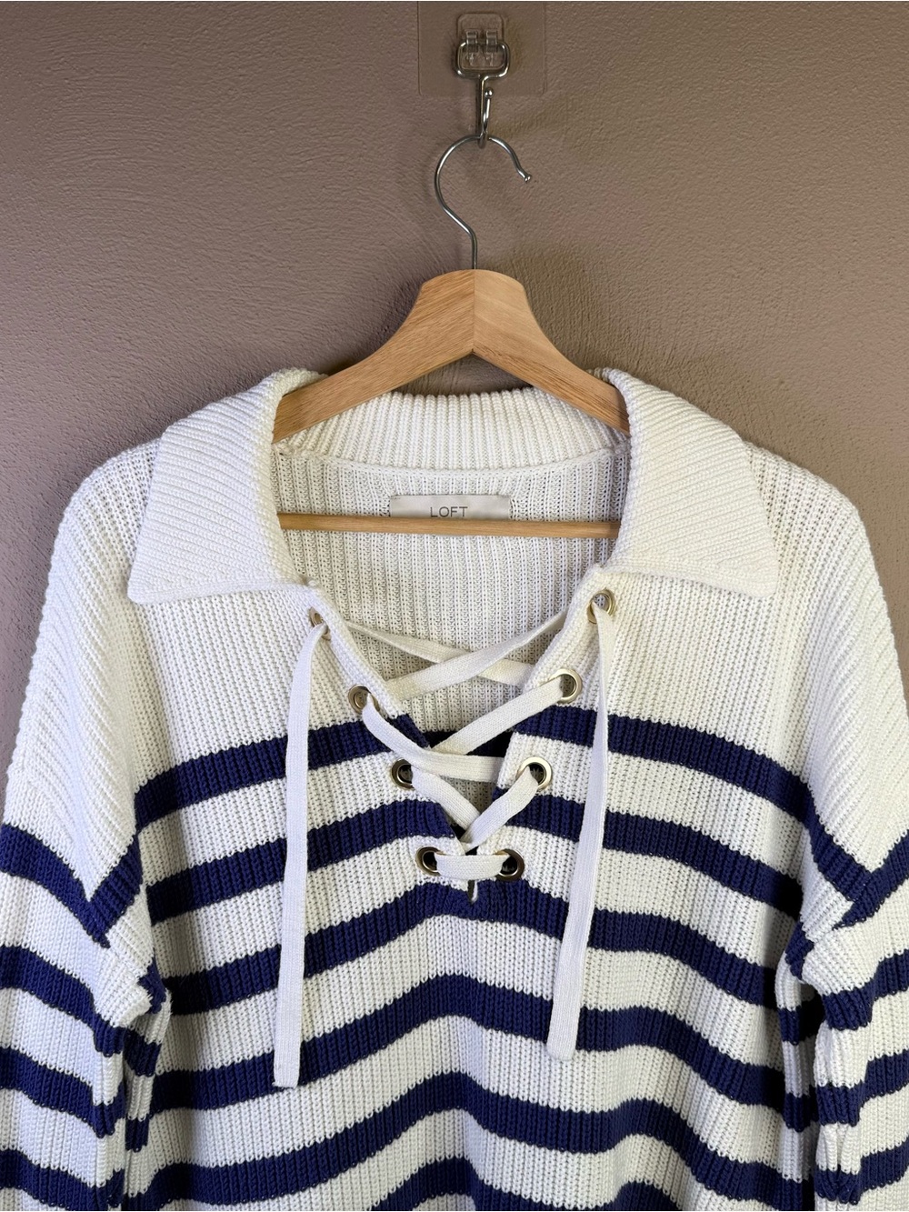 LOFT Women's Nautical Navy & White Stripe Lace Up Sweater Women’s Size Small - Picture 3 of 16